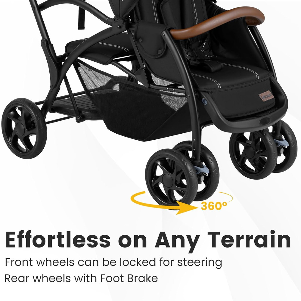 Versatile Sit and Stand Double Stroller with Reclining Backrest & Storage Basket
