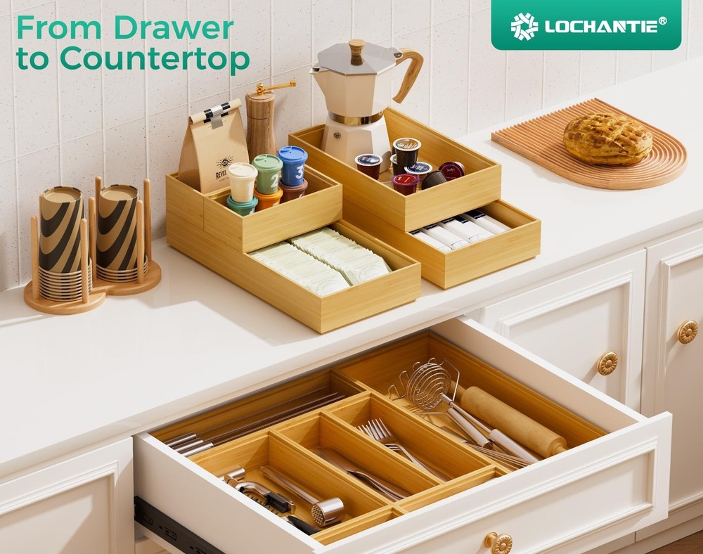 Long Bamboo Kitchen Drawer Organizer Boxes – 17" x 6" Stackable Wood Silve