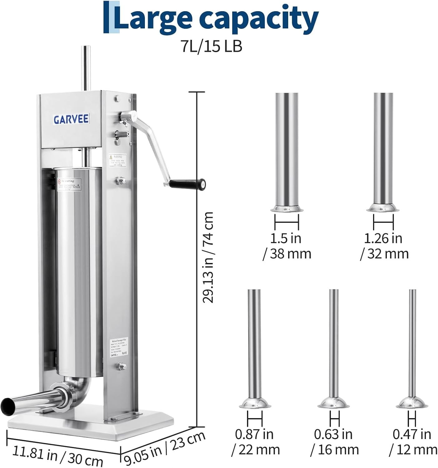 7L Manual Sausage Stuffer 304 Stainless Steel w/ 5 Filling Tubes & Cleaning Kit