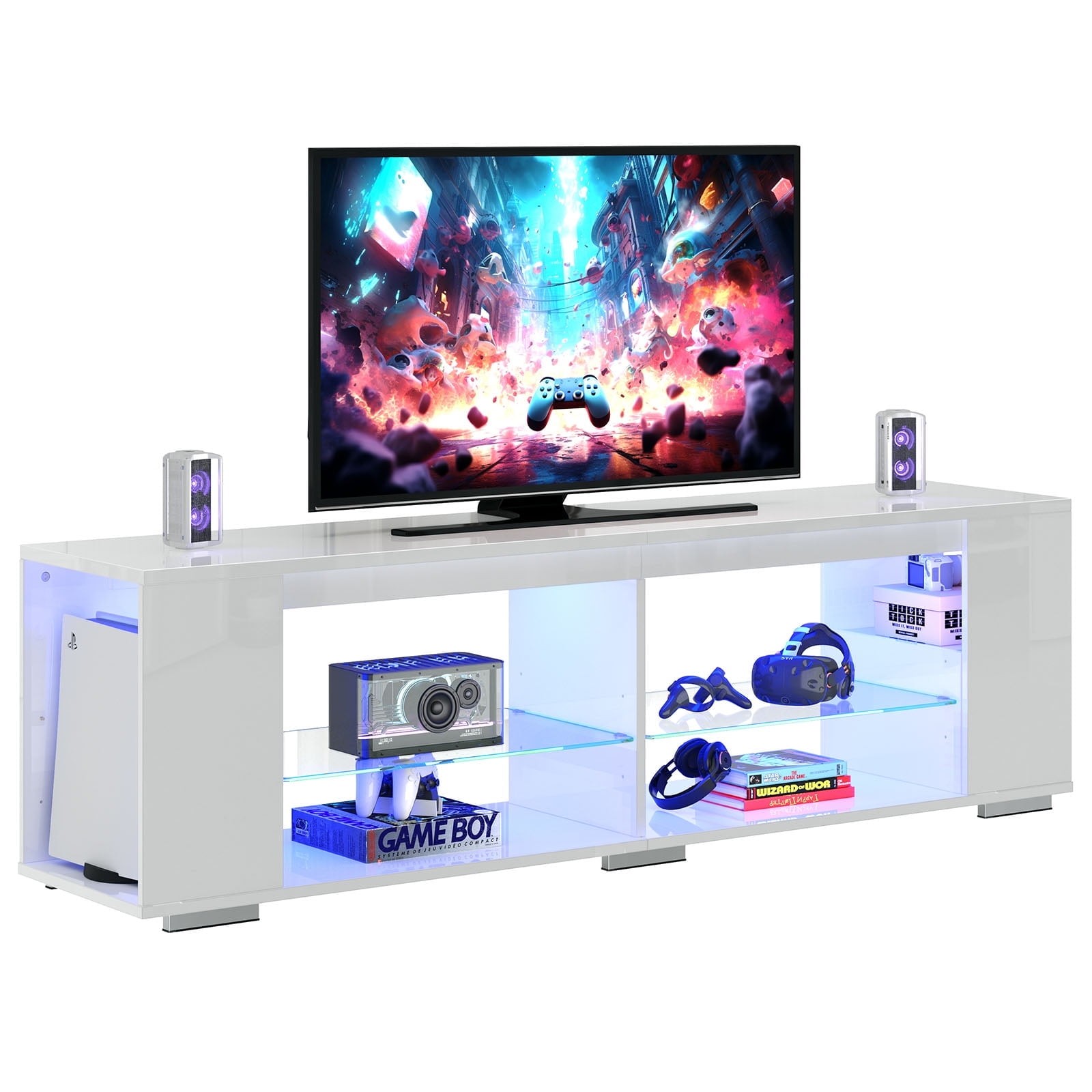 LED TV Stand for TVs up to 80", Gaming Entertainment Center with Lights - White