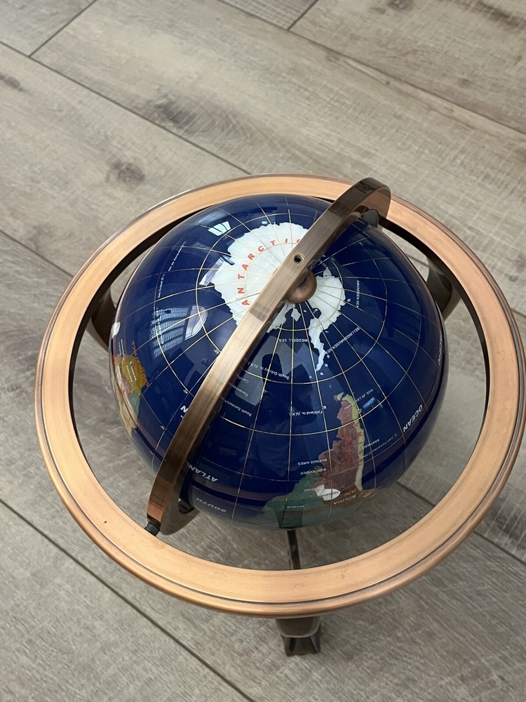 Blue Lapis Rotating Globe Precious Inlaid Stone Solid Brass w/ Compass