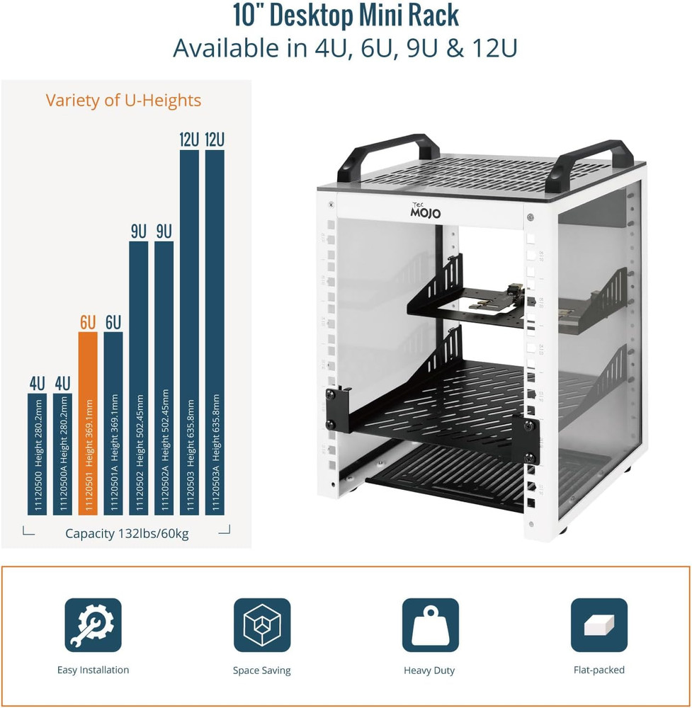 6U Network Rack, 10 Inch Mini Server Rack with 2 Side Translucent Panels & 2 Top