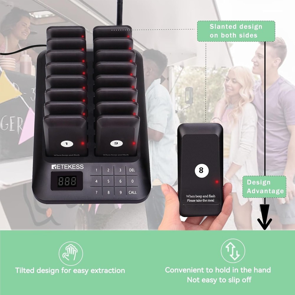 Enhanced TD157 Pager System - 984ft Wireless Range, 16 Pagers & Custom Alerts