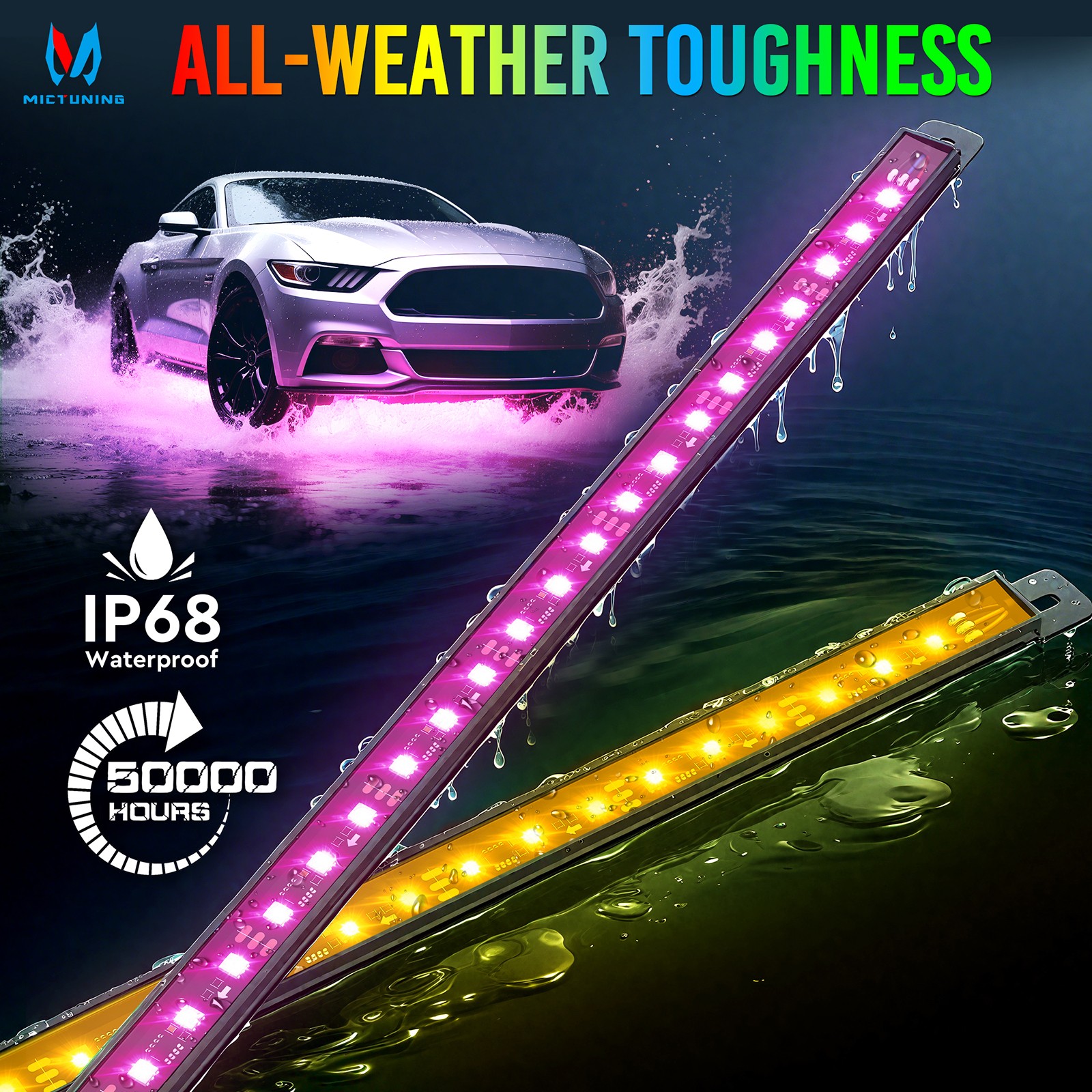 8Pcs RGB+IC Underglow LED Light Bar Car Exterior Neon Kit Underbody Light Strip