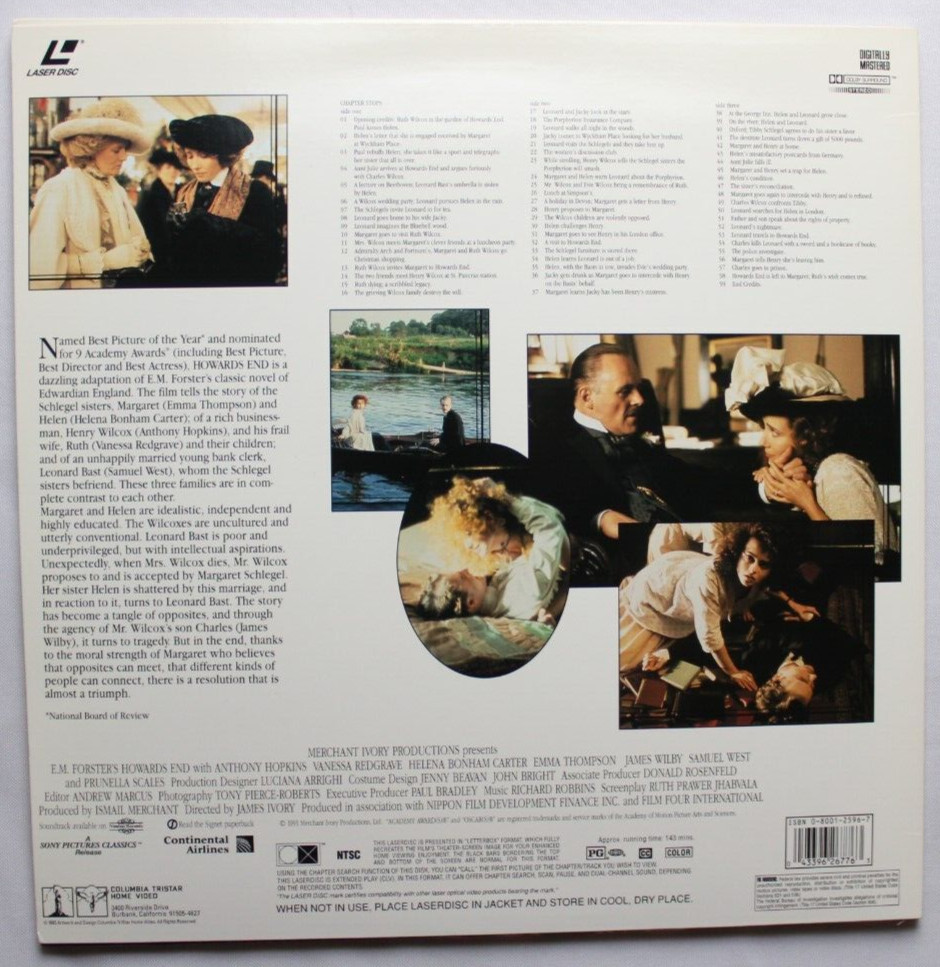 HOWARD'S END laserdisc LD DELUXE WIDESCREEN ANTHONY HOPKINS *QUICK SHIP*