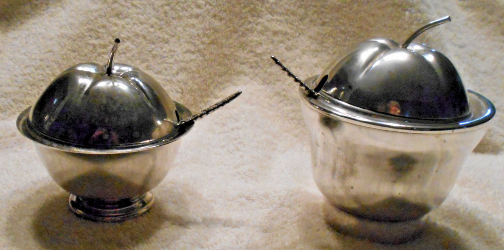 Set of 2 Silverplate Apple Style Jam/Preserves Containers with Spoons