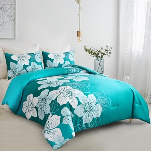 Comforter Set Bedding Floral Comforter Sets - Soft Queen Gradient Teal