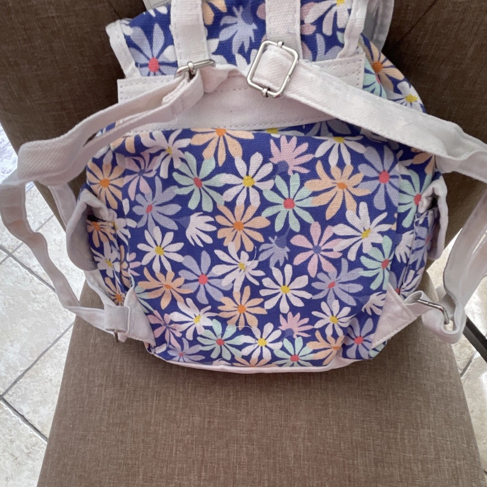 Cat & Jack Floral Canvas Backpack Purple White Adjustable Strap Drawstring 11in