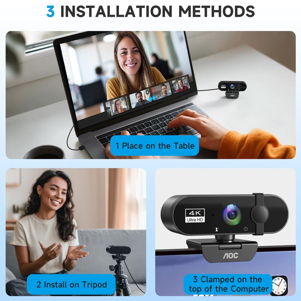 AOC 4k Webcam for PC with Microphone, Computer Camera Noise Black