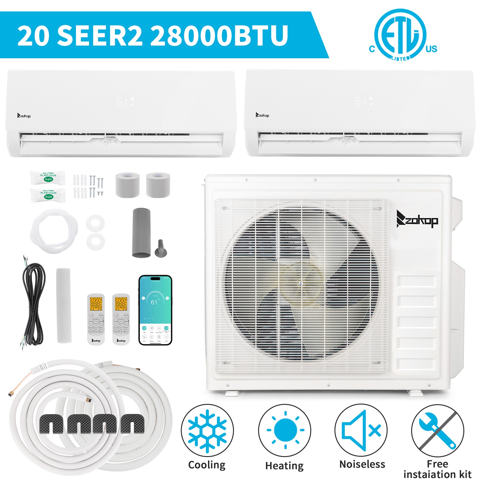 28000 BTU 2 Zone AC Ductless Mini Split Air Conditioner  with Heat Pump (9K+18K)