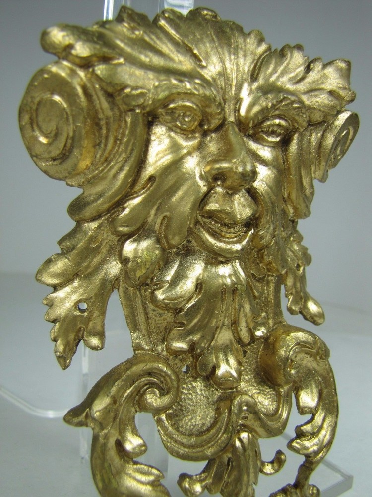 19c Devil Evil Scarey Face Figural Brass & Gilt Decorative Art Hardware Element