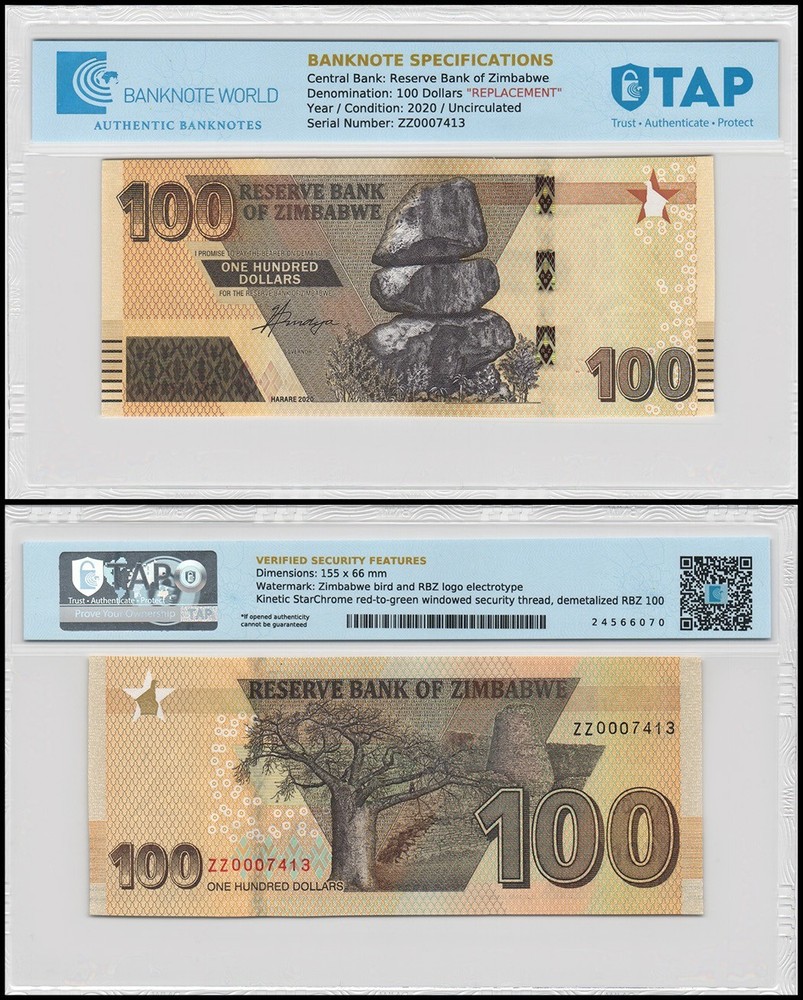 Zimbabwe 100 Dollars, 2020, P-106a, UNC, Replacement, TAP Authenticated