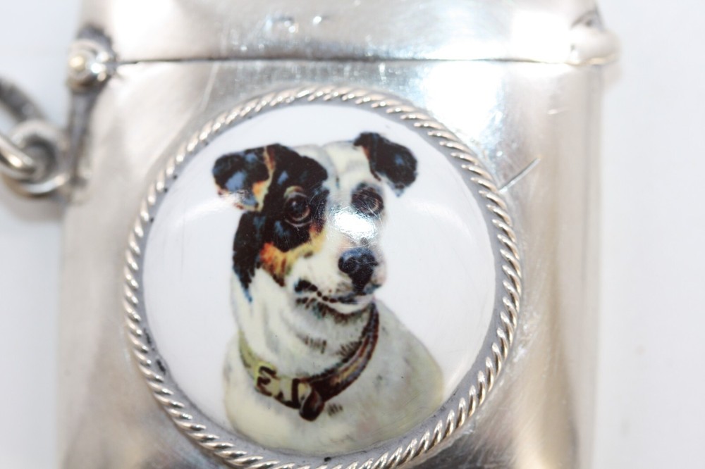 Antique Silver Match Safe Vesta Case Jack Russell circa 1910