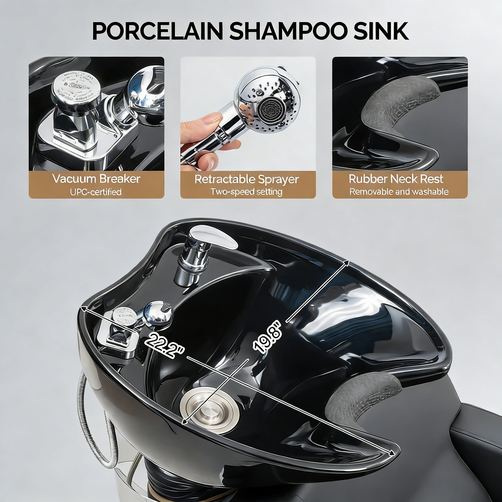 Professional Salon Shampoo Chair with Tilting Porcelain Bowl, Rubber Neck Rest