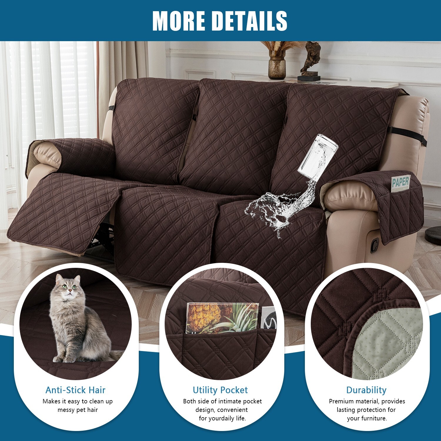 Waterproof non-slip sofa cover recliner 3 seats, furniture protection decoration