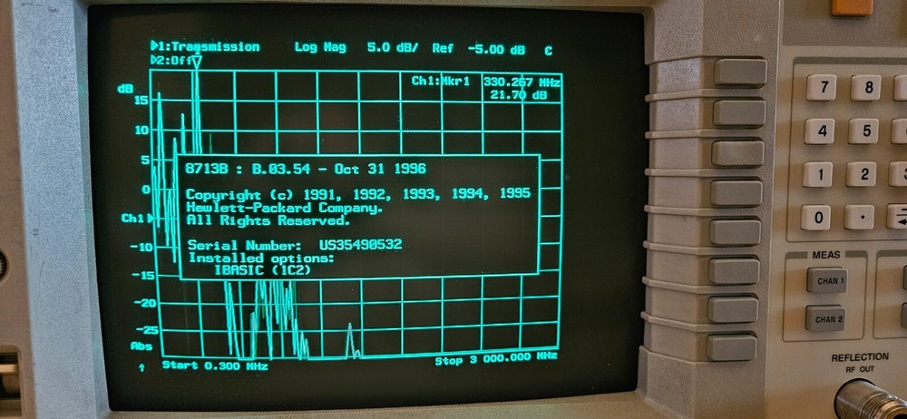 HP Agilent Keysight 8713B Network Analyzer 300kHz - 3GHz Opt 1C2 BASIC Prog Lang