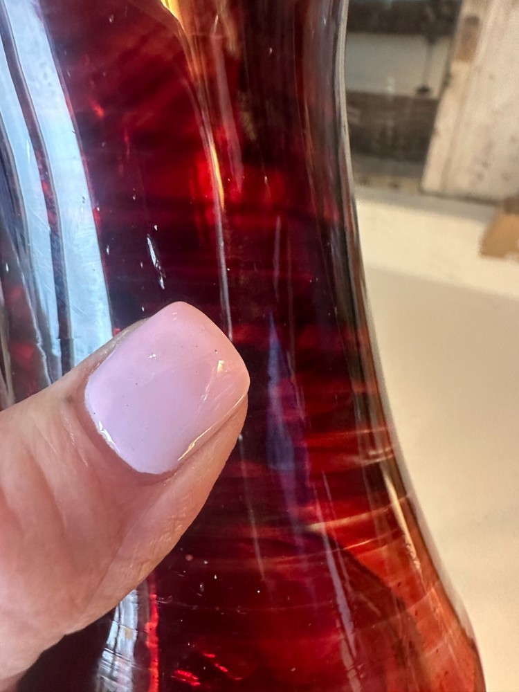 Hand blown Glass Ruby Red Pitcher Applied Ribbed Clear Glass Handle Bubbles Read