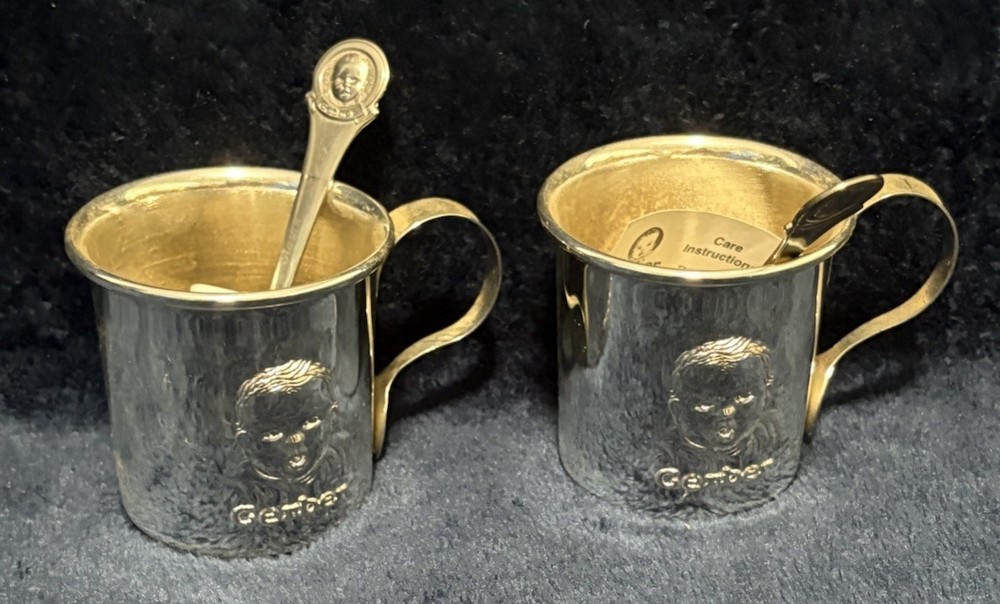 Gerber Baby Cup And Spoons Raised Design SILVER-PLATED  Set Of 2 *READ*