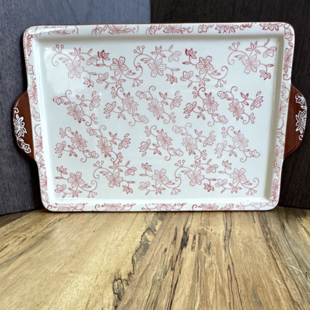 Temp-tations Floral Lace Ceramic Rectangular Platter White Red