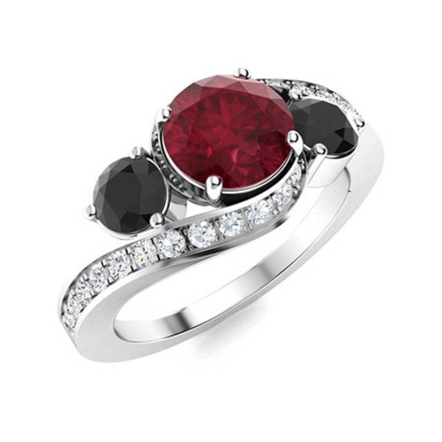 5MM Round Ruby & Black Spinel 925 Sterling Silver Three Stone Women Wedding Ring