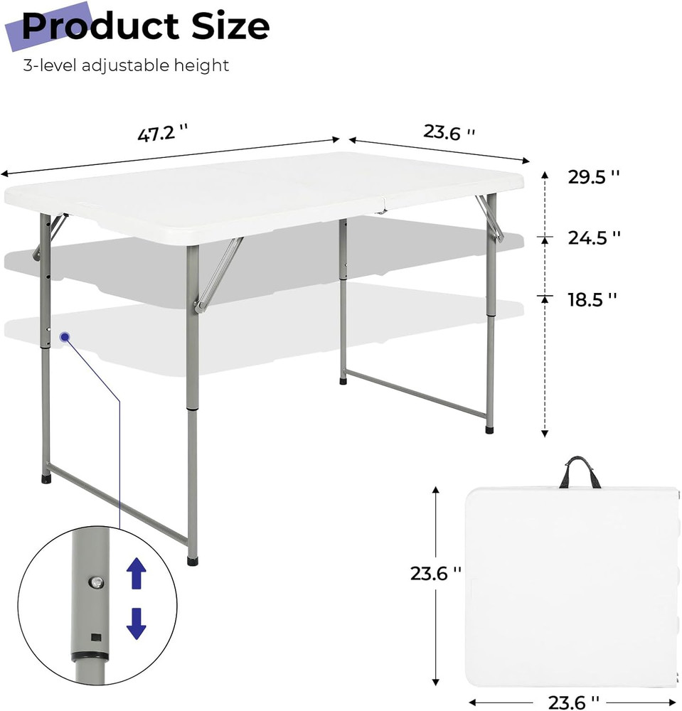 4Ft Folding Table Heavy Duty Plastic Fold in Half Adjustable Height Portable