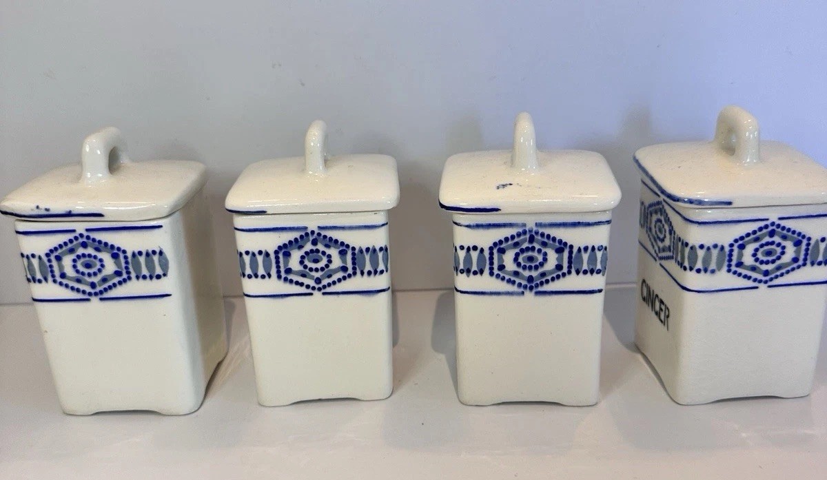 4 Blue and white Czechoslovakian spice canisters vintage