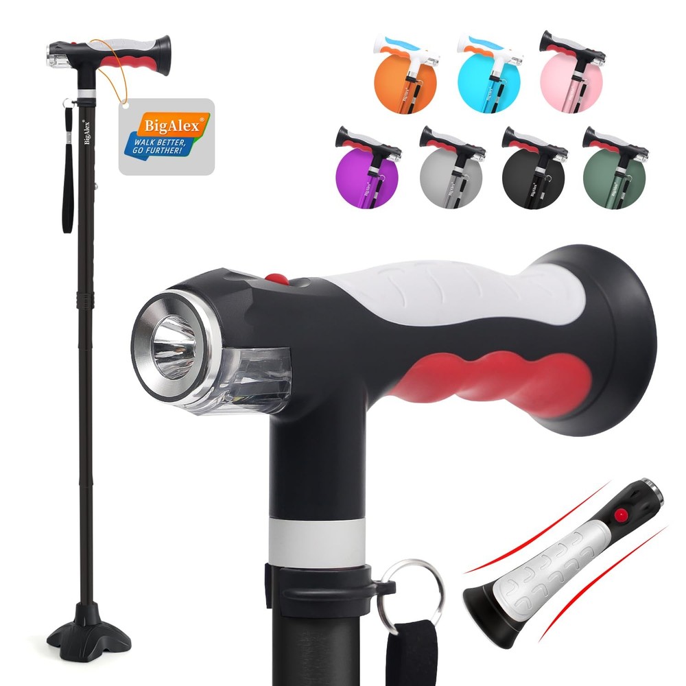 Folding Cane with 2 LED Lights, 8 Adjustable Heights, Solid Base - Comfortable