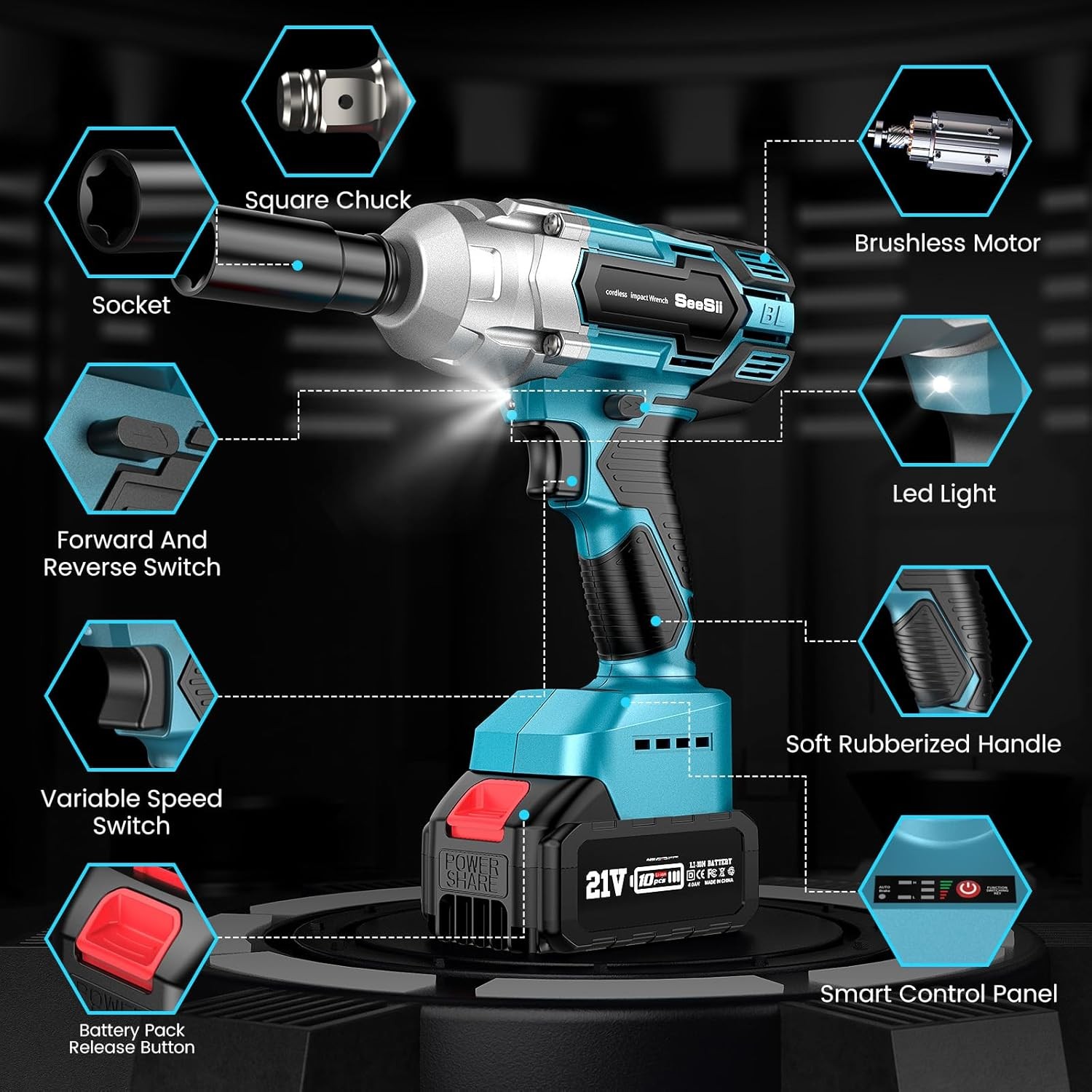 Seesii Cordless Impact Wrench 1/2" Torque 479 Ft-lbs(650Nm) Brushless Impact Gun