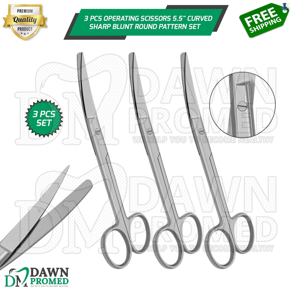 3 Pcs Operating Scissors 5.5" Curved Sharp Blunt Round Pattern Surgical Set