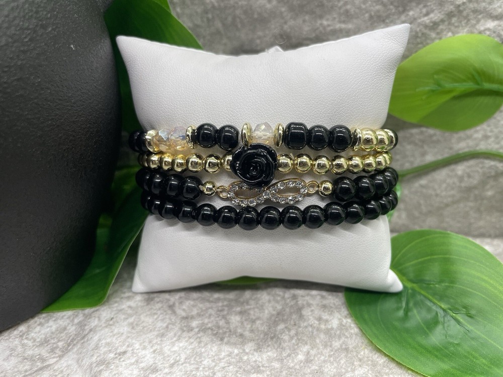 4 PC Handmade Boho Beaded Stackable 7” Plus Stretch Bracelet Set B2513