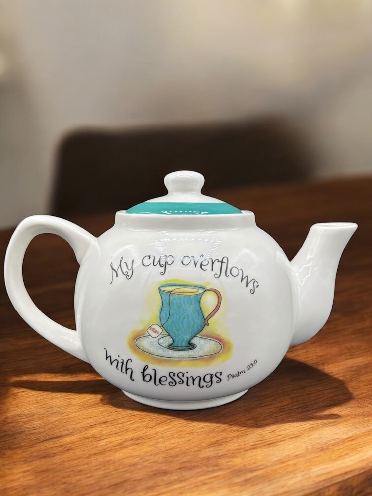 "My Cup Overflows with Blessings" Ceramic Teapot 6"