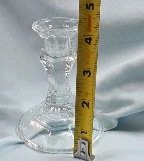 Vintage MCM Pair Solid Clear Glass Taper Candlestick Holders 4" Tall