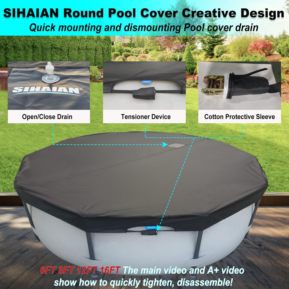 22 Ft Round Automatic Drain Pool Cover UV Protection Above Ground