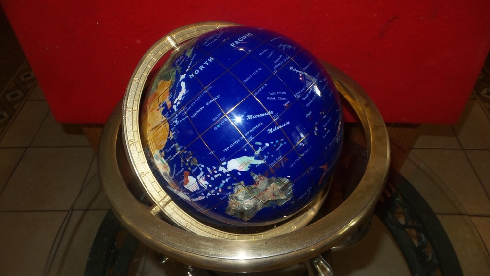Beautiful Lapis Semi Precious Stone World Globe W/Compass