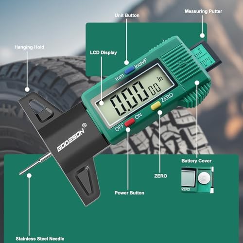 Tire Tread Depth Gauge - Large LCD Screen with Green