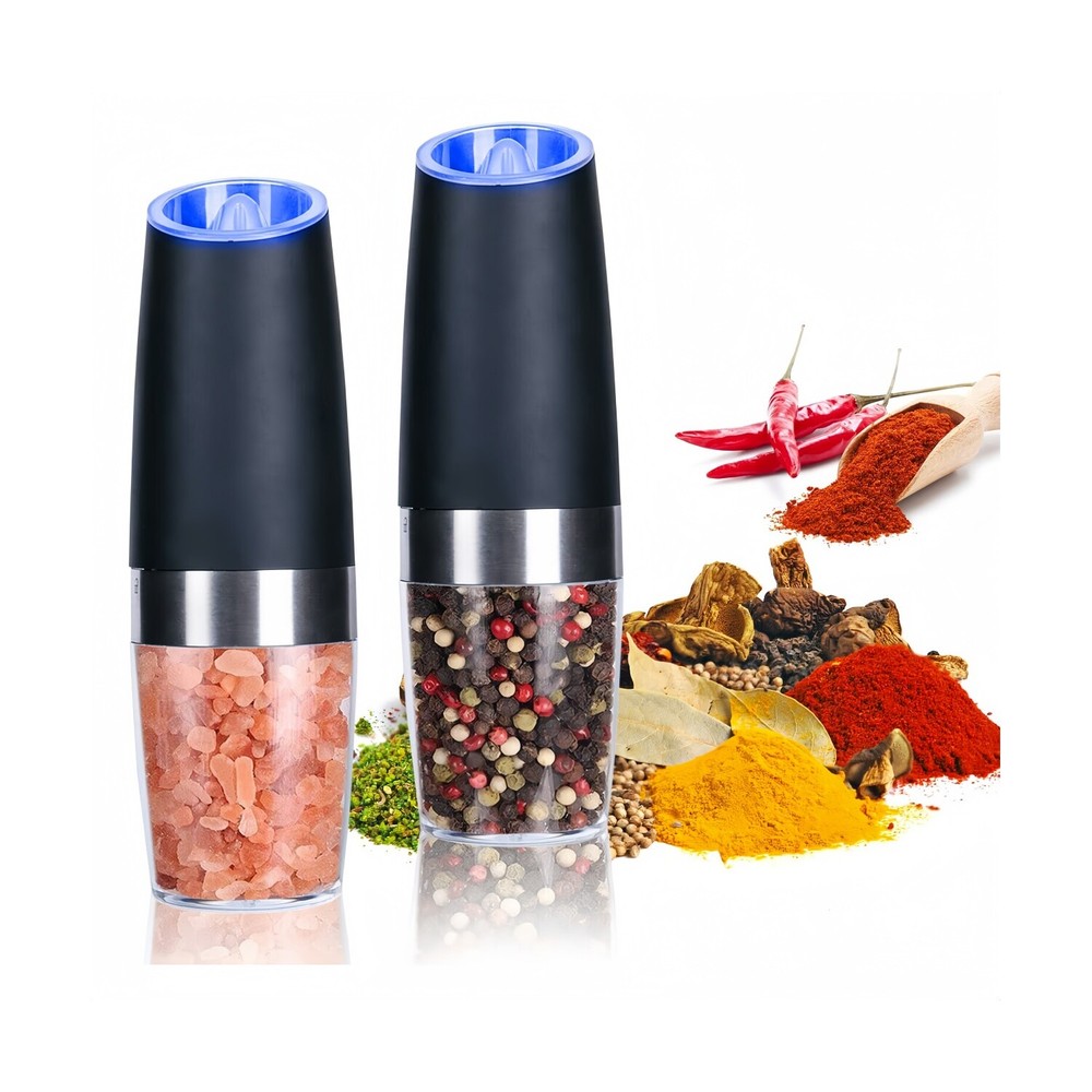 2 Pack Gravity Electric Salt and Pepper Grinder Mill Shaker Adjustable Automatic