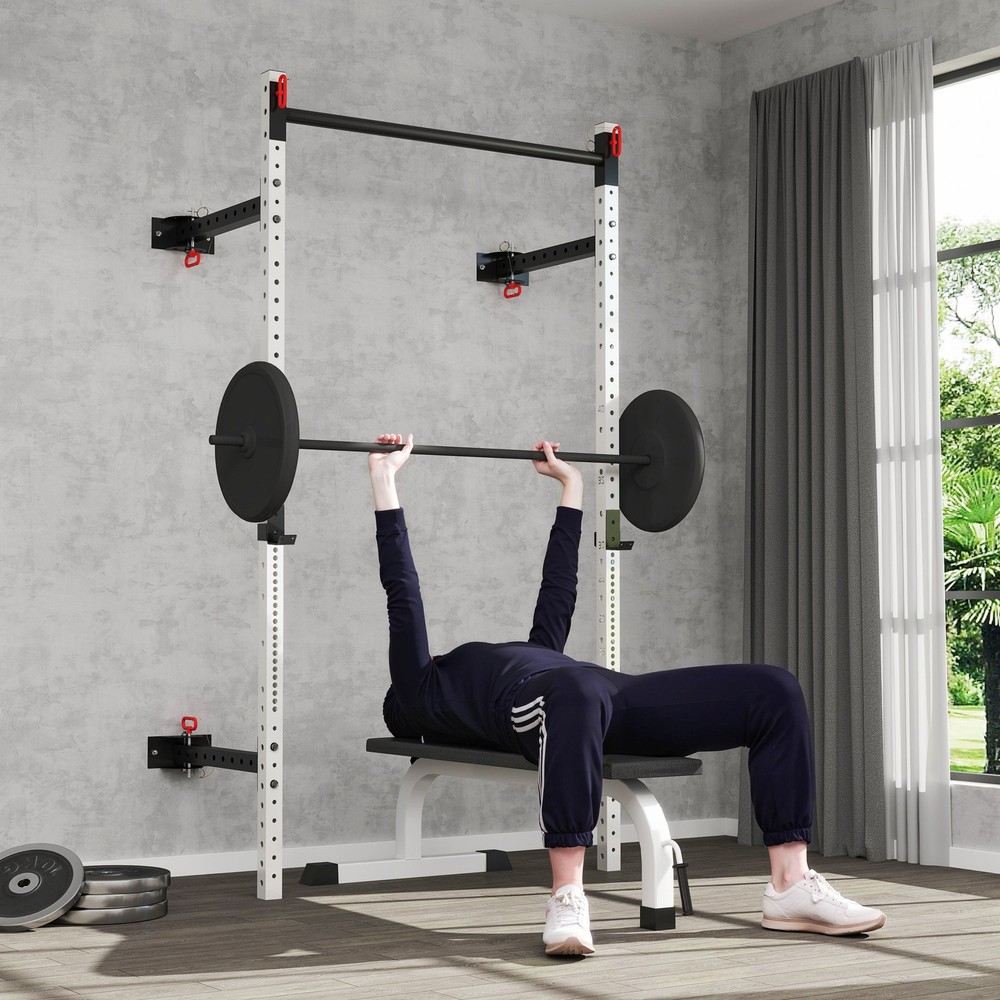 Folding Squat Rack with Pull Up Bar Wall Mounted and Adjustable Power Rack White