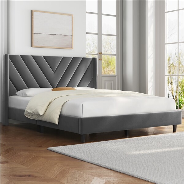 Full/Queen Upholstered Bed Frame with Wing Side Headboard, No Box Spring Needed