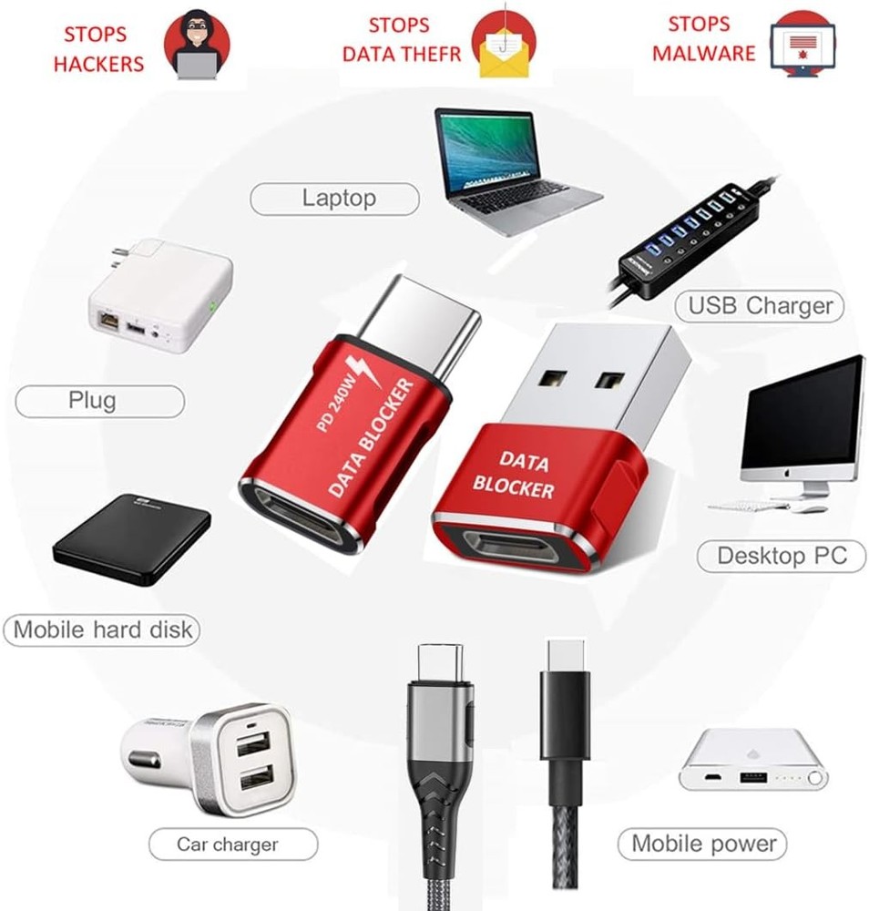 Data Blocker, USB A & C Blocker for iphone15 16 and Any C Red
