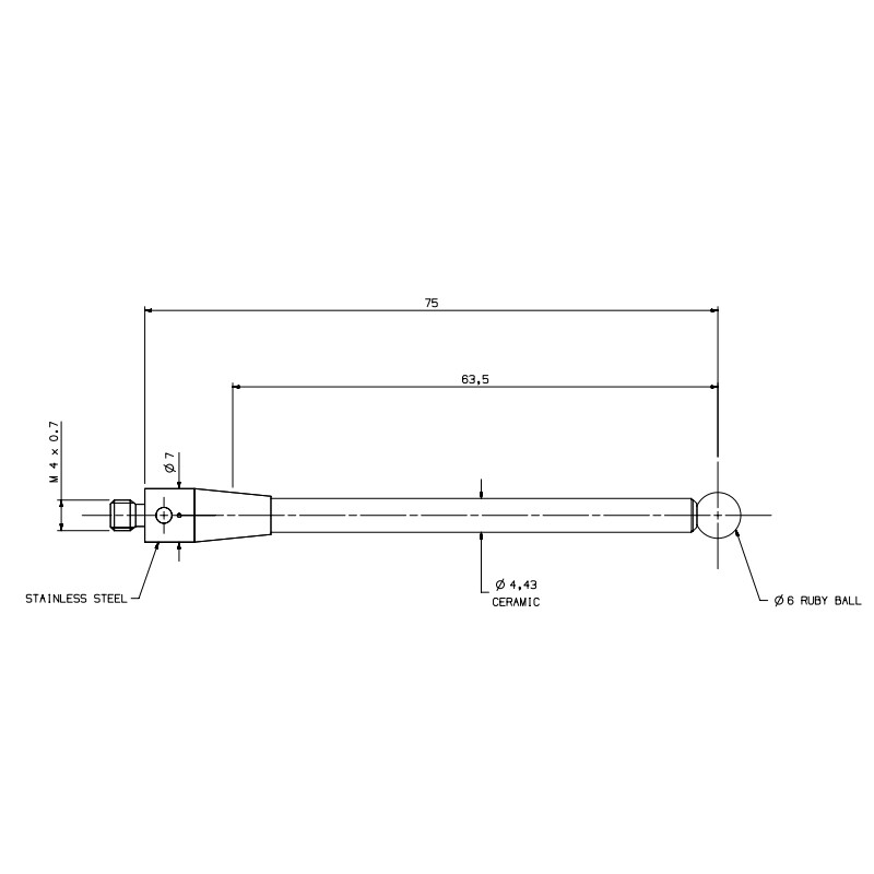 CMM Probe M4 Thread 6mm Ruby Ball Point 75mm Ceramic Stem Compatible A-5003-2764