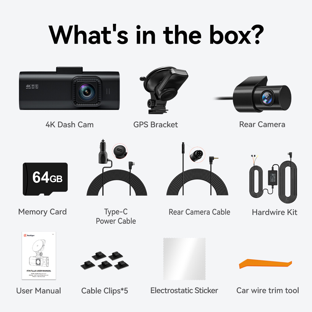 REDTIGER F7NT Dash Camera 4K Front and Rear,Touch Screen ,With Hardwire Kit
