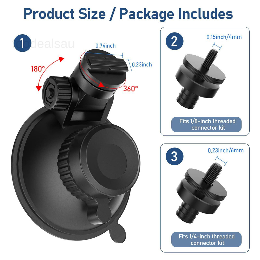 Dash Cam Mount, Suction Cup Mount,Windshield and 1/4" 1/8" compatible, Black