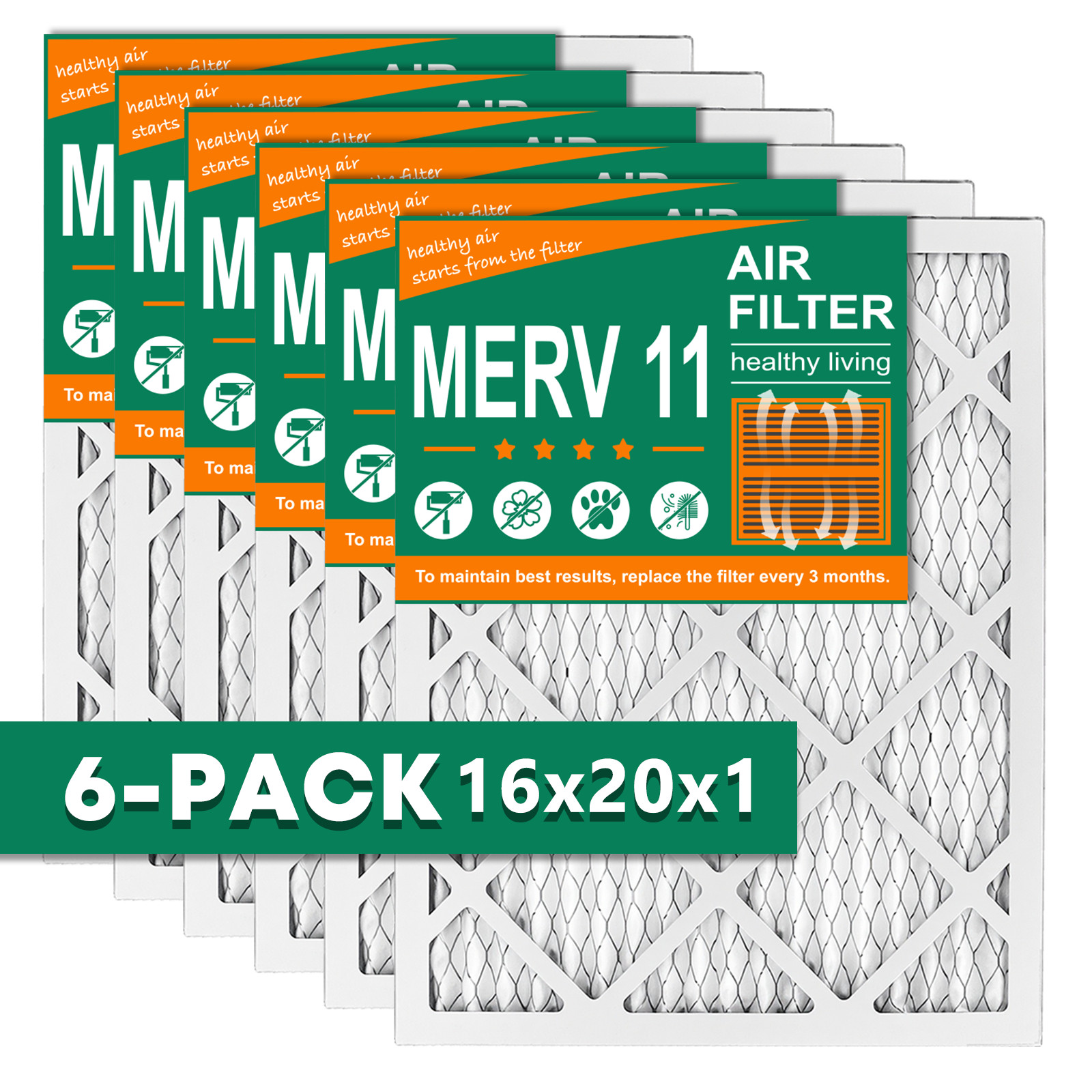 16x20x1 Pleated Air Filters, Replacement for HVAC AC Furnace (MERV 11)