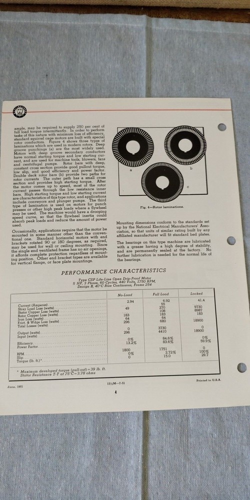1951 ~ Westinghouse ~ Squirrel Cage Induction Motors ~ Catalog Technical Data