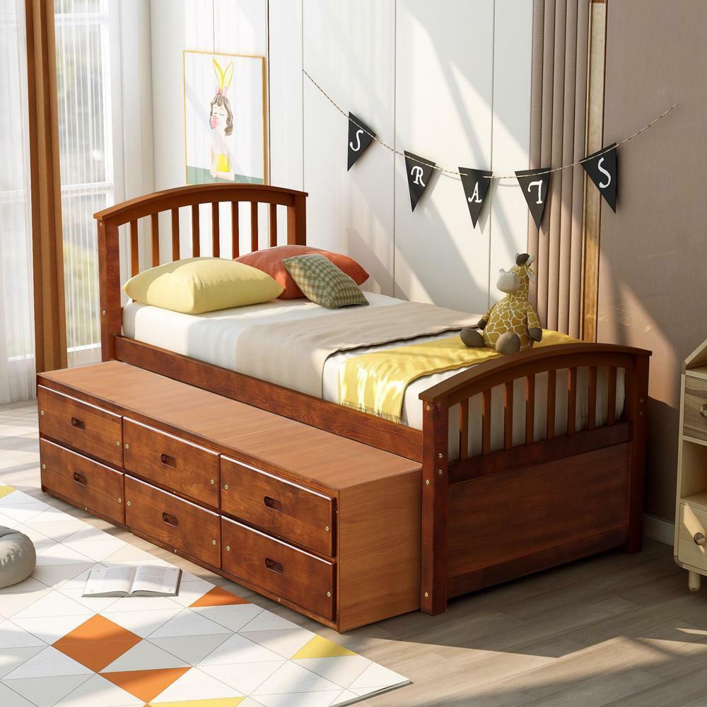 Twin Size Platform Storage Bed Solid Wood Bed Walnut
