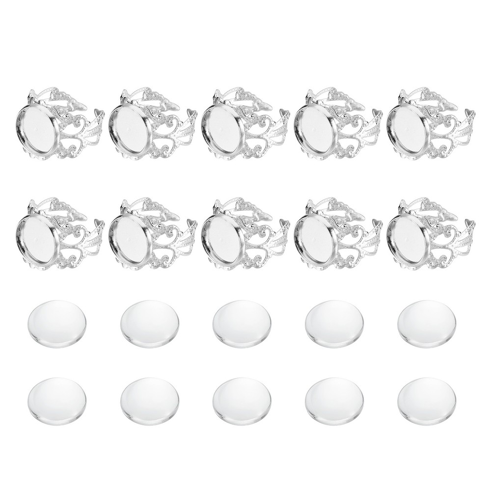 10Pcs Ring Base Blank, 12mm Ring Blank Base with 10Pcs Cabochon(Light Silver)