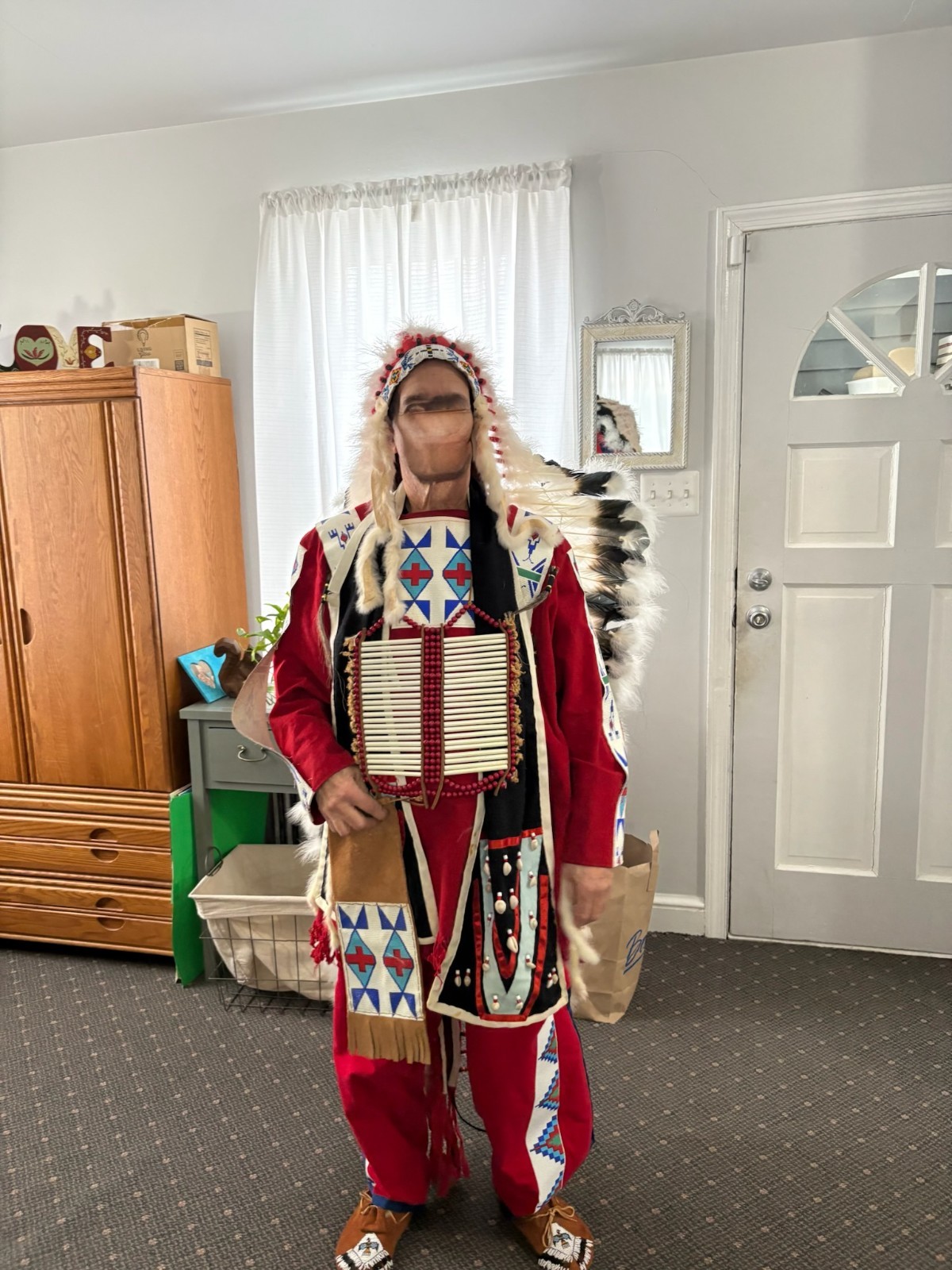 Native Indian Regalia 5' War Bonnet Tunic Breast Plate Sash Chaps Belt Shoes Bag