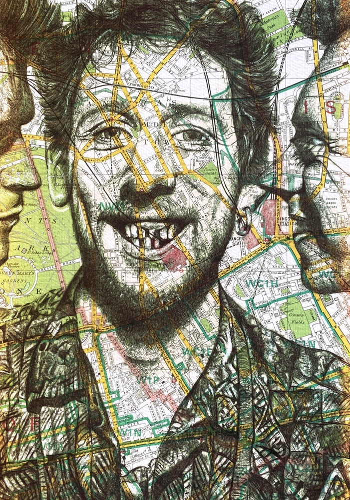 Shane MacGowan The Pogues Inspired  Art Print. Drawing Over Map. A4 Unframed