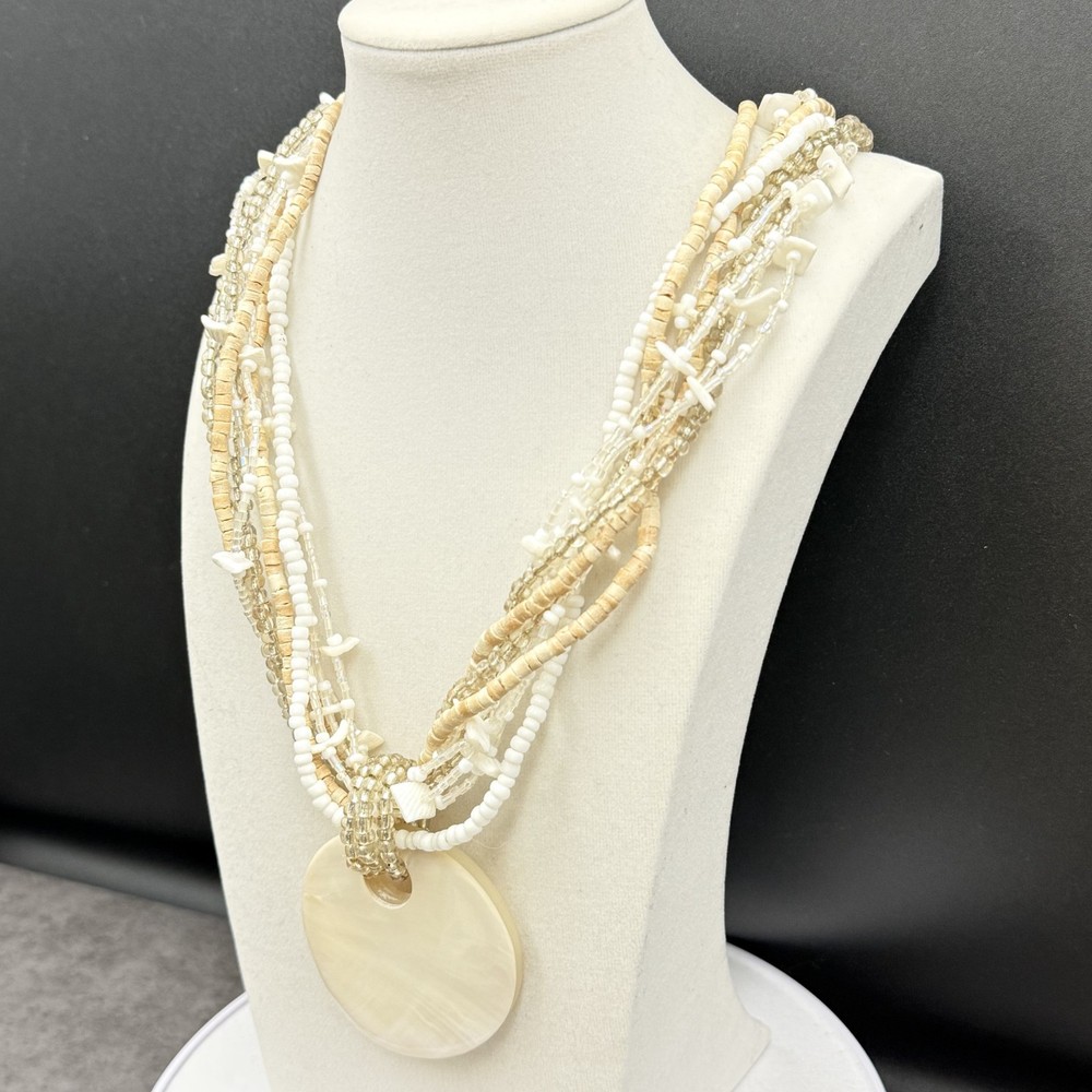 Vintage Cream Shell Disc Multi-Strand Bead Necklace Boho Statement