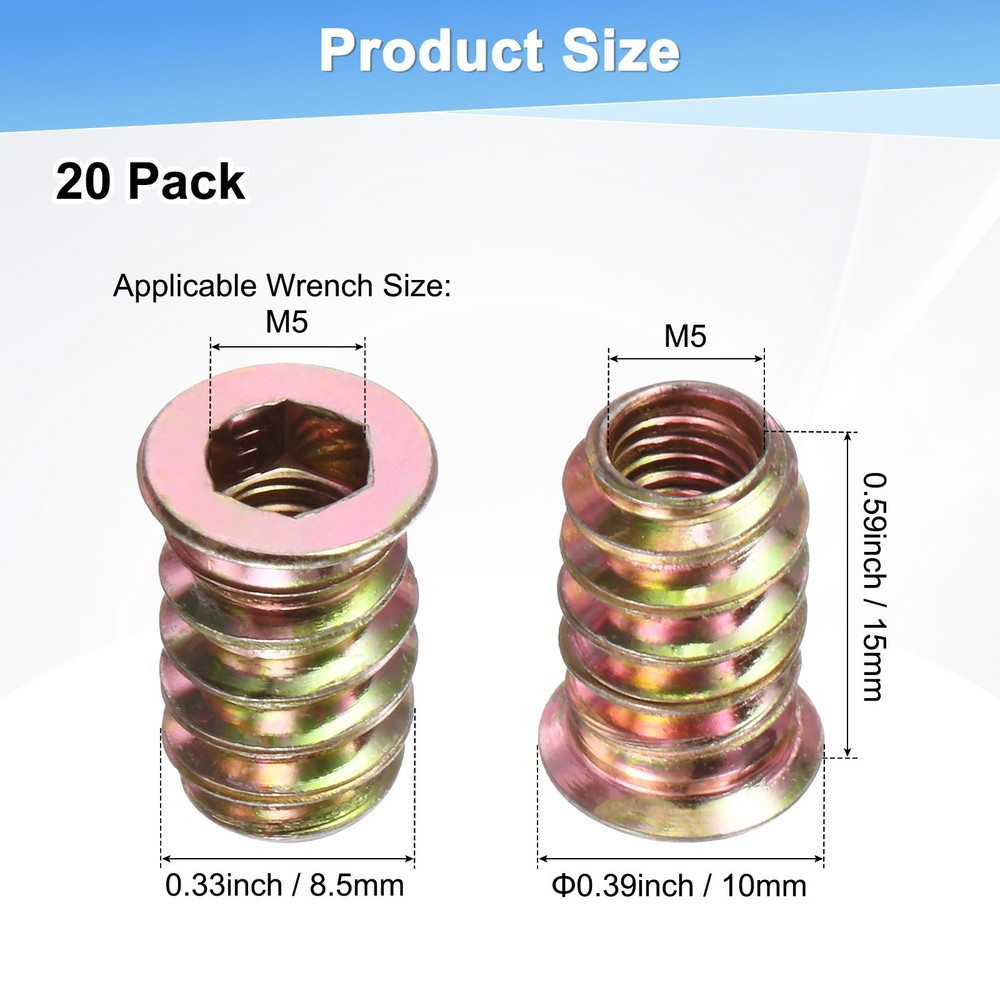 20-Pack Threaded Inserts for Wood, M5x15mm Threaded Insert Nuts [Gold Tone]